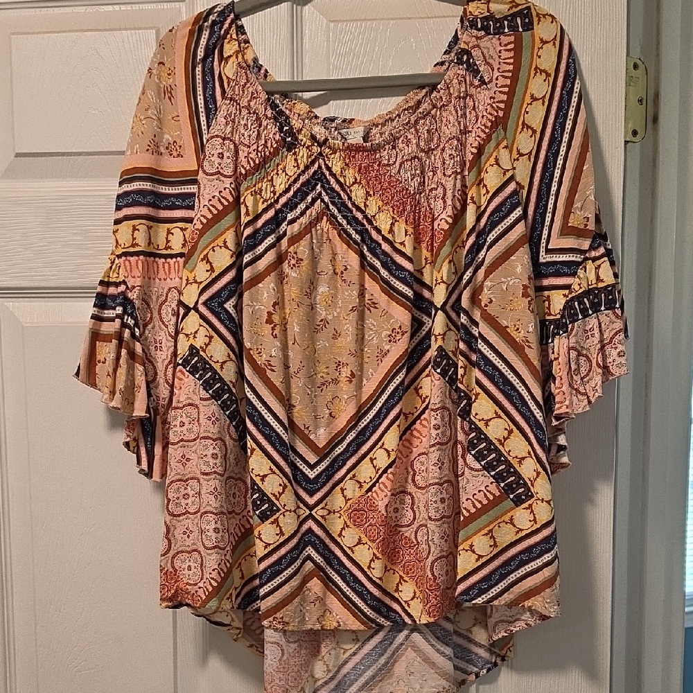 Cato Peach Multicolor Patchwork Boho Peasant Tunic